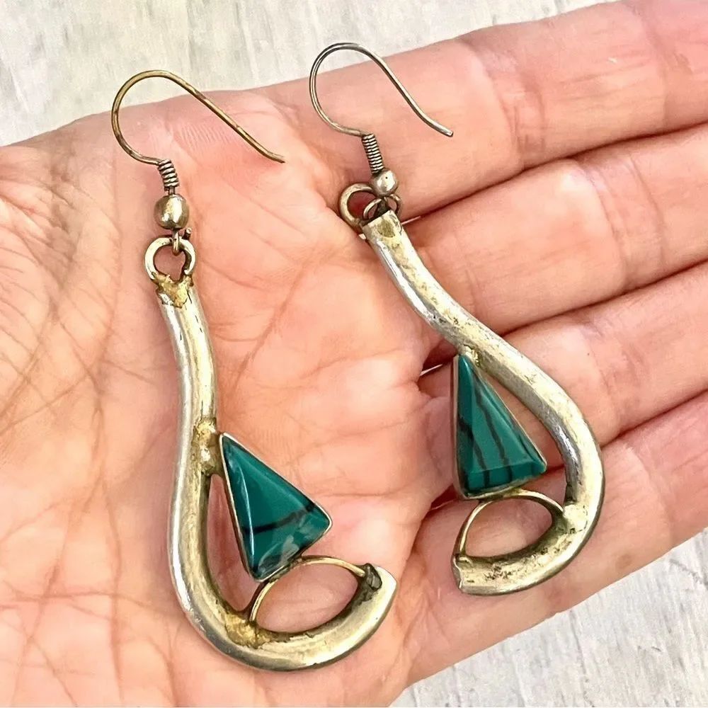 Silver and green drop earrings